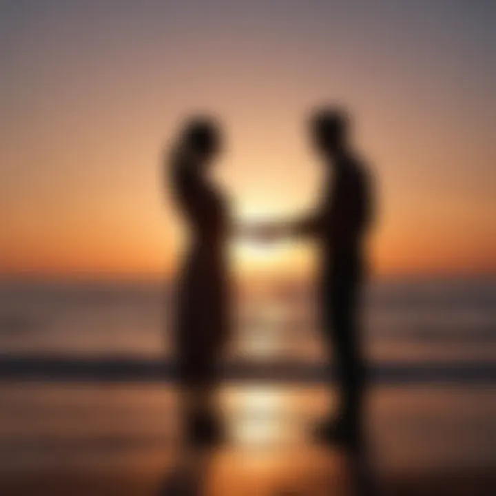 Silhouette of two figures facing each other against a sunset backdrop