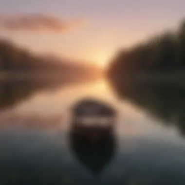 A solitary boat adrift on a tranquil lake at sunset