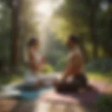 Couple practicing yoga together in serene outdoor setting