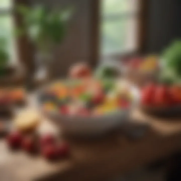 Bowl of fresh fruits and vegetables on a wooden table