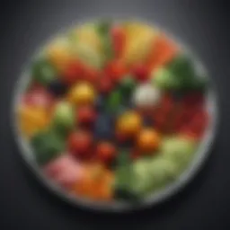 A colorful array of fresh vegetables and fruits arranged artistically on a plate.