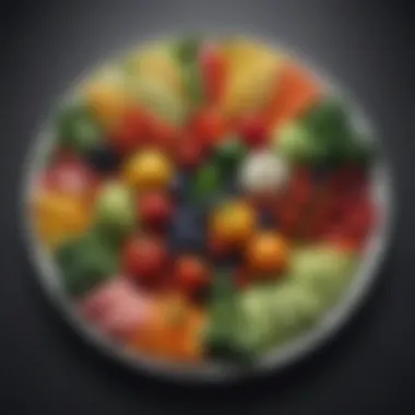 A colorful array of fresh vegetables and fruits arranged artistically on a plate.