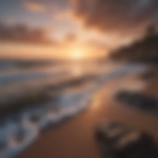 A serene landscape with gentle waves and a sunset sky