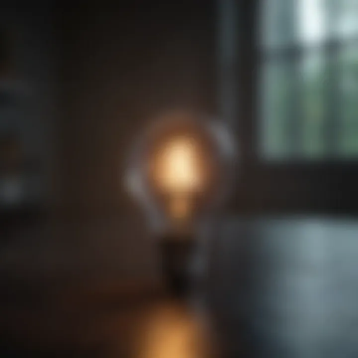 Glowing light bulb in a dark room