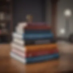 A collection of leadership books on a wooden table