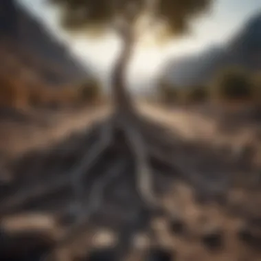 A tree with roots breaking through rocky ground symbolizing resilience