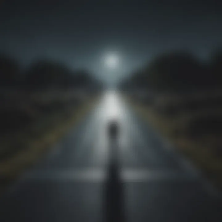 Illustration of person standing at a crossroads with one path leading to darkness and the other to light