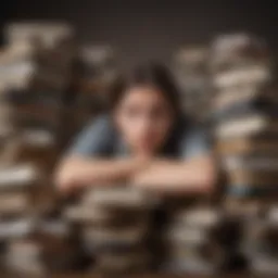 A student overwhelmed by academic pressure with textbooks piled around.