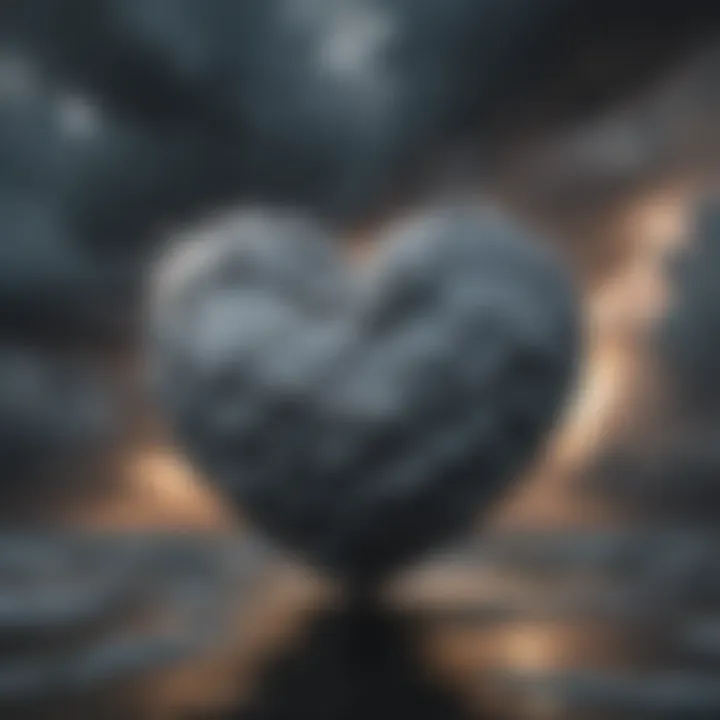 Abstract artwork showing a heart surrounded by stormy clouds transitioning into calm skies