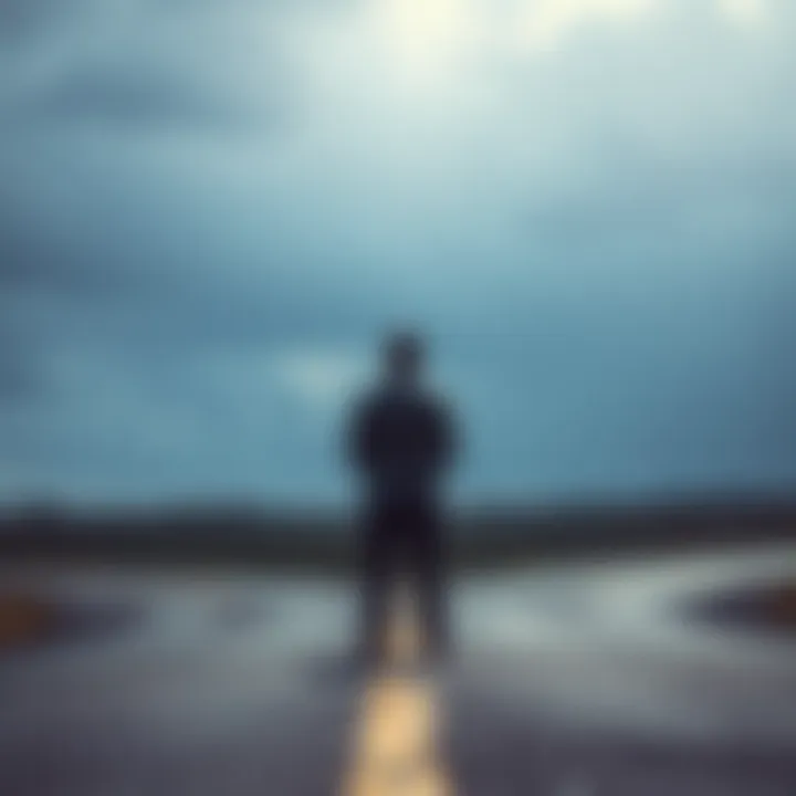 A figure standing at a crossroads, contemplating a decision.