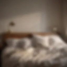 A dimly lit bedroom with crumpled sheets, conveying a sense of stillness and introspection.