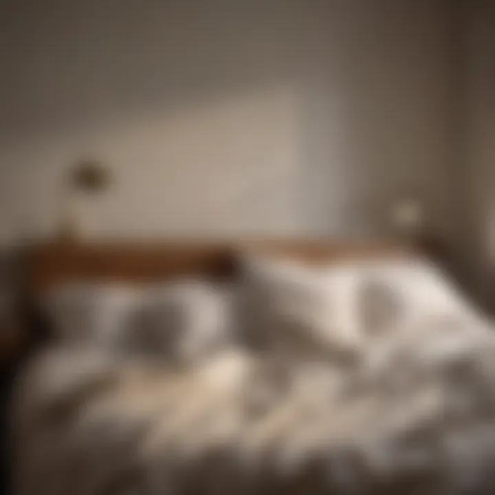 A dimly lit bedroom with crumpled sheets, conveying a sense of stillness and introspection.