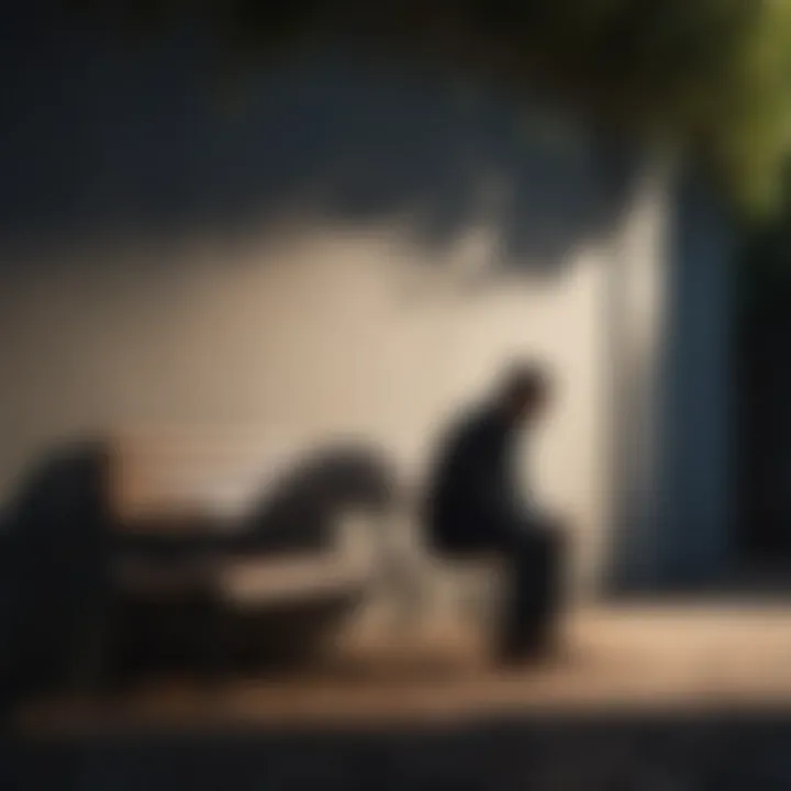 A shadowy figure sitting on a bench, reflecting on their thoughts