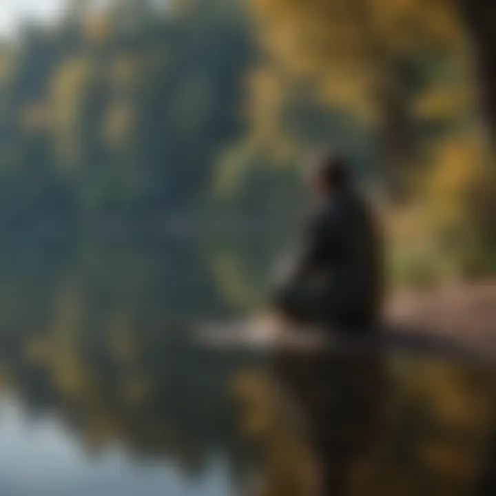 A person reflecting by a calm lake, representing introspection